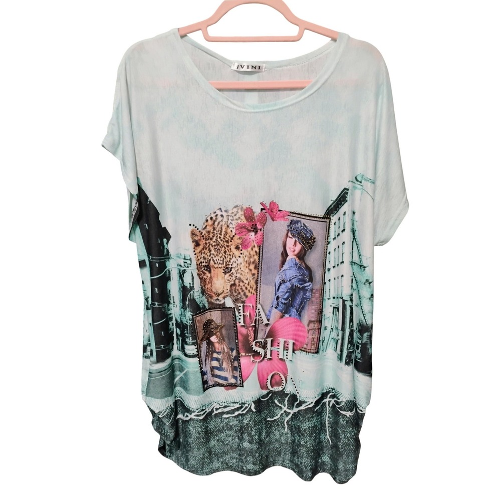 Jvini One Size Graphic Top Leopard Fashion City Print Dolman‎ Short Sleeve